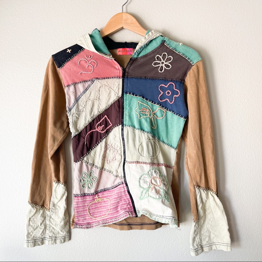 Vintage Y2K Earthy Hippie Patchwork Hoodie
